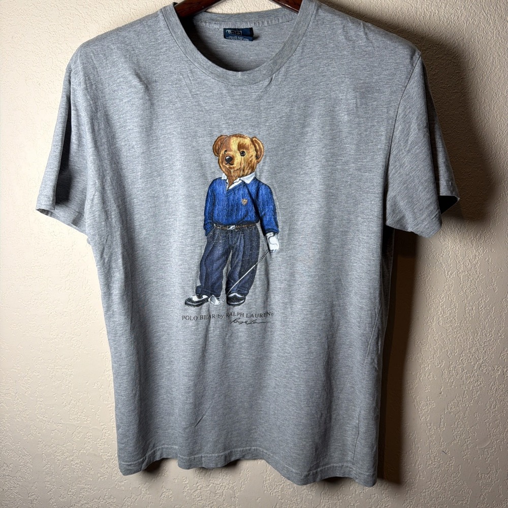 Vintage 90s Polo Ralph Lauren Mens T Shirt Golf Polo Bear Gray S rare